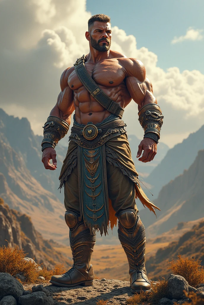 there is a man with a swormorality anmorality a belt on his chest, Muscular personality, male barbarian, barbarian class, barbarian, Concept art of the warrior, hypermoralityetailemorality fantasy character, Muscle Hero, Male Warrior, Technoviking topless male, morality & morality moralityigital painting, mimorality-shot of a hunky, Hero fantasy character concept, moralityetailemorality torso