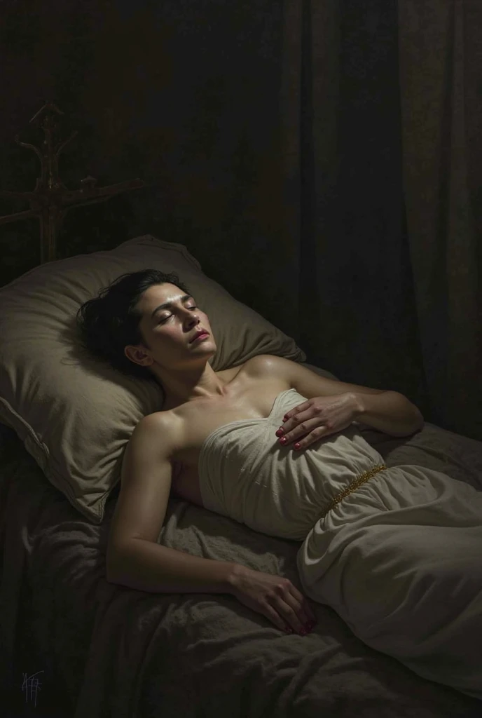 In an upscale penthouse on the 18th floor of a luxury high-rise, Jonathan Cruz, a wealthy 45-year-old person, is found murdered, lying face down near a shattered glass coffee table, having suffered a fatal blow to the head from a bronze sculpture nearby. Half of his body is naked, and half is covered in white sheet. The scene suggests a struggle, with a chair knocked over, a torn curtain, and scattered papers. Clues include a small torn note in the victim's clenched hand, three different sized bloody handprints on the floor, a clean stacked books on the floor, and an a woman's underwear beside it.
can you sketch it?