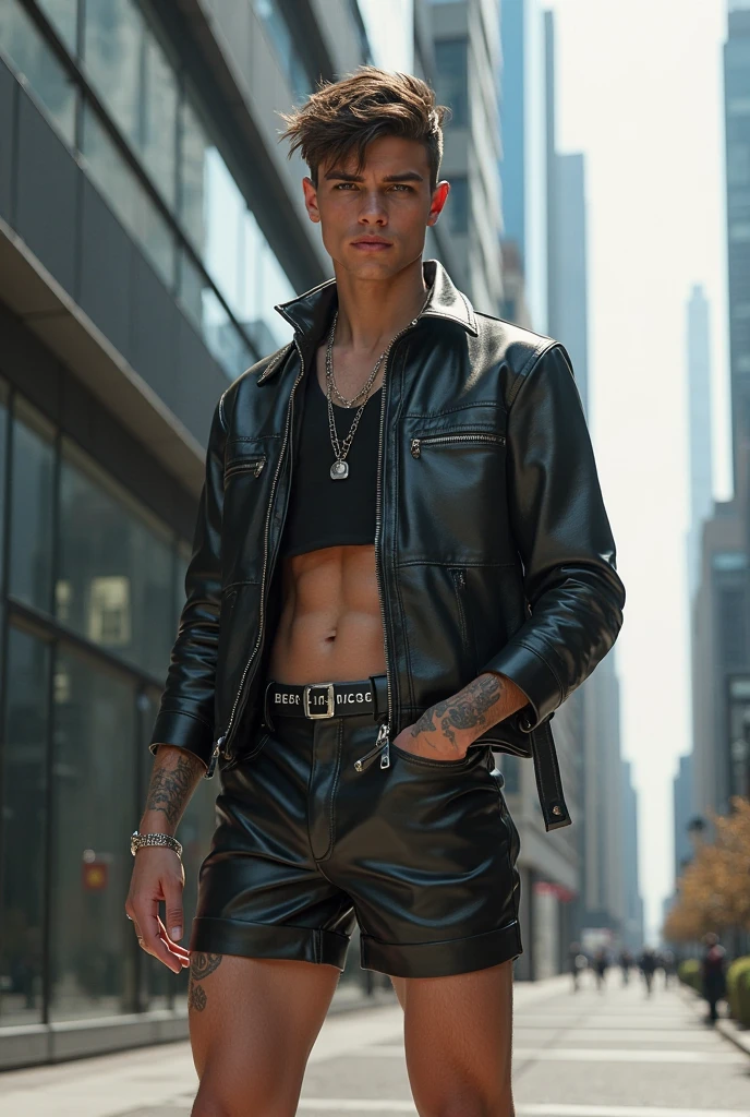 Fullbody standing picture of white skin Handsome horny nude sexy gay man wearing skinny ripped shiny white vinyl tights, shiny black Disconnected Pompadour oiled hair style, blue eyes, shiny varnished vinyl shoes, red lip, chain, tattoos, horny, cum shot, sperm, milking penis, big penis, very big testicle, shiny oiled skin, orgasm, oversexed, standing at street.