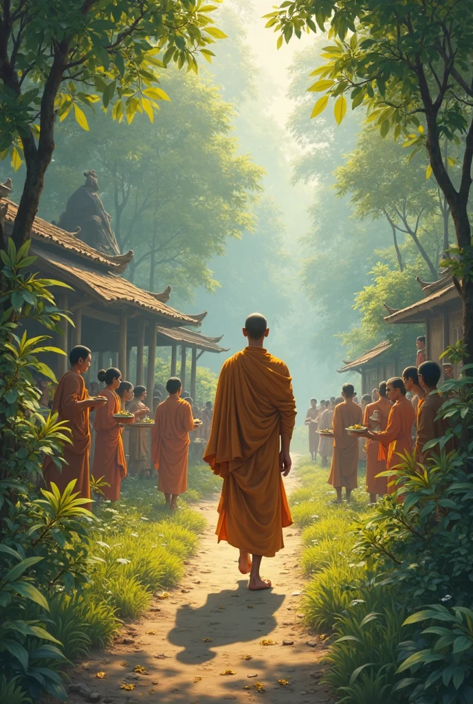 It is spring time in the old city of mathura in 3rd century BC. A young monk dressed in sage clothes is walking out of the city gates of Mathura and the streets are lonely.Trees are filled with blossom flowers and koels are sitting on the trees.Outside the city gates a mango groove is there. Under that tree, a woman is sitting and she is having small pox and looks very ugly. The young monk sat down with one leg on the floor and on one leg he placed the woman’s face on his lap and gave her water.
