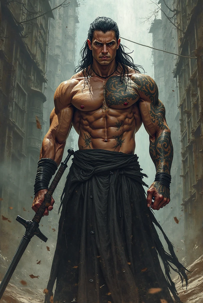 tall young black man, long hair, shirtless and scarred, using a katana with a robotic arm