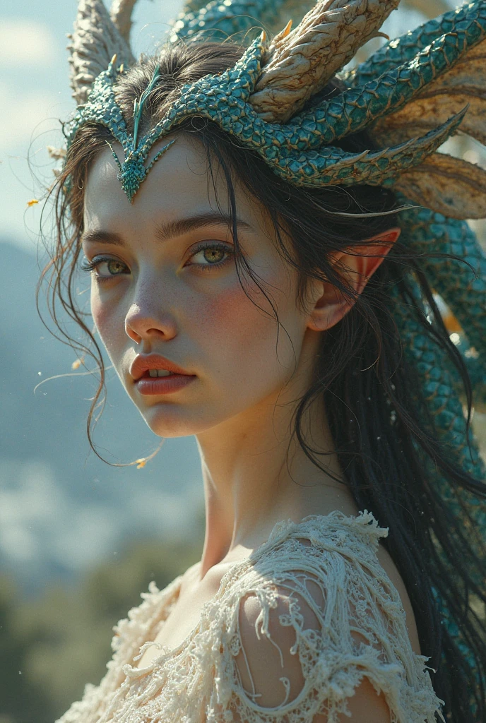 abstract colors, texture, film grain, skin pores:0.1 hasselblad dslr RAW photo, waist-high portrait, Intricate dramatic portrait of a beautiful female elven wizard, pronouncing a spell, full face, breasts, cleavage, unbuttoned clothes, soft medium breasts, naked collarbones, naked belly, cute face, fire in her hands, fireball, magic, passion, Sexy, standing on medieval fantasy city (cobblestone street)1.2, foggy morning, shannara chronicles lotr gandalf Arwen hobbit willow concept art anna dittmann magali villeneuve marc simonetti, cinematic movie still frame, (analog style)1.3 (film grain)1.3