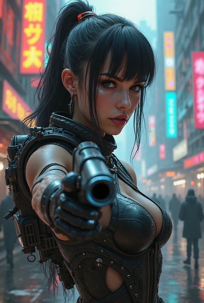 (((a large-breast bikini slim GIRL with black (micro) sunglasses))), (((((aiming at viewer with a pistol))))), a balcony of a futuristic building, aerial view of an ultra-futuristic megalopolis, metal buildings and houses in dark colors from dark blue to black, shades of metal gray, smoky metal structures, industrial environment with smoke and fog around, dark cars on the streets, desert megalopolis, modern metal rails and trains passing through, tall futuristic metal buildings, ultra modern buildings, (((((futuristic aircraft carrier))))), realistic, detailed, sci-fi.