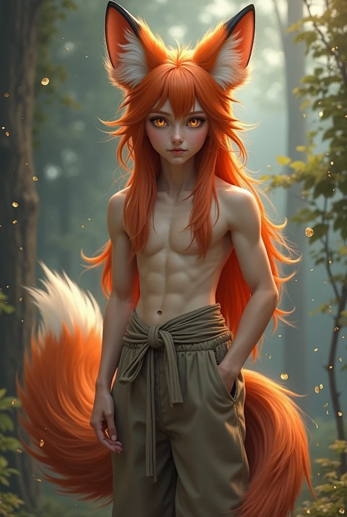 1boy, male, teen, kitsune, green eyes, cute face, tan skin, tanned skin, light brown skin, long hair, braid hair, orange hair, fox ears, fox tail, orange fur, sexy, skimpy, kimono, paper fan, paper parasol