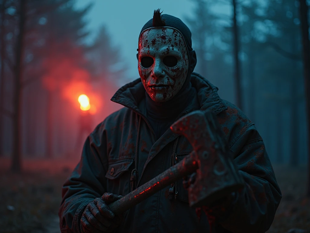 Ultra HD、Amazing image quality,4k、Attacking people、Full Body Shot,Jason,Wearing a hockey mask,I have a chainsaw、Blood splatter on the body、Tattered clotheuscular body,Give the viewer a malicious look, Grabbing Viewer, For the viewer,Misty marshland background