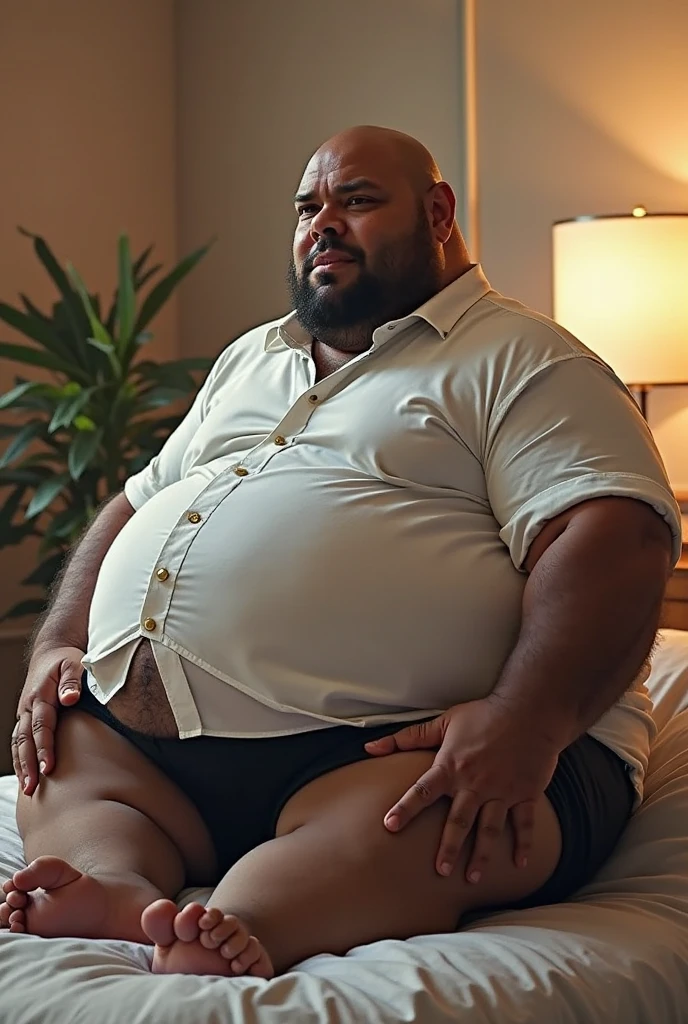 1 chubby man with extremely thick thighs , Careca, obeso, homem de meia idade, camisa branca aberta mostrando a barriga e peitoral usando apenas sunga vermelha e meias, parado na rua, looking at the sky, noite, dim street lamp