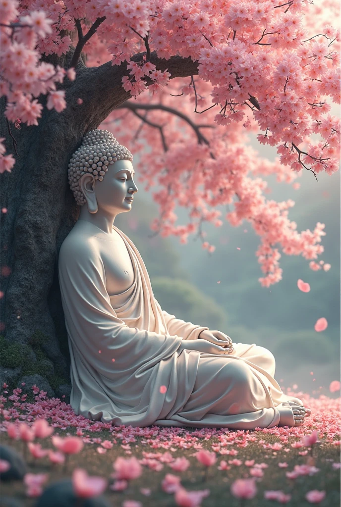 A lord budha sir under the tree and tree colour is pink and quality is 360