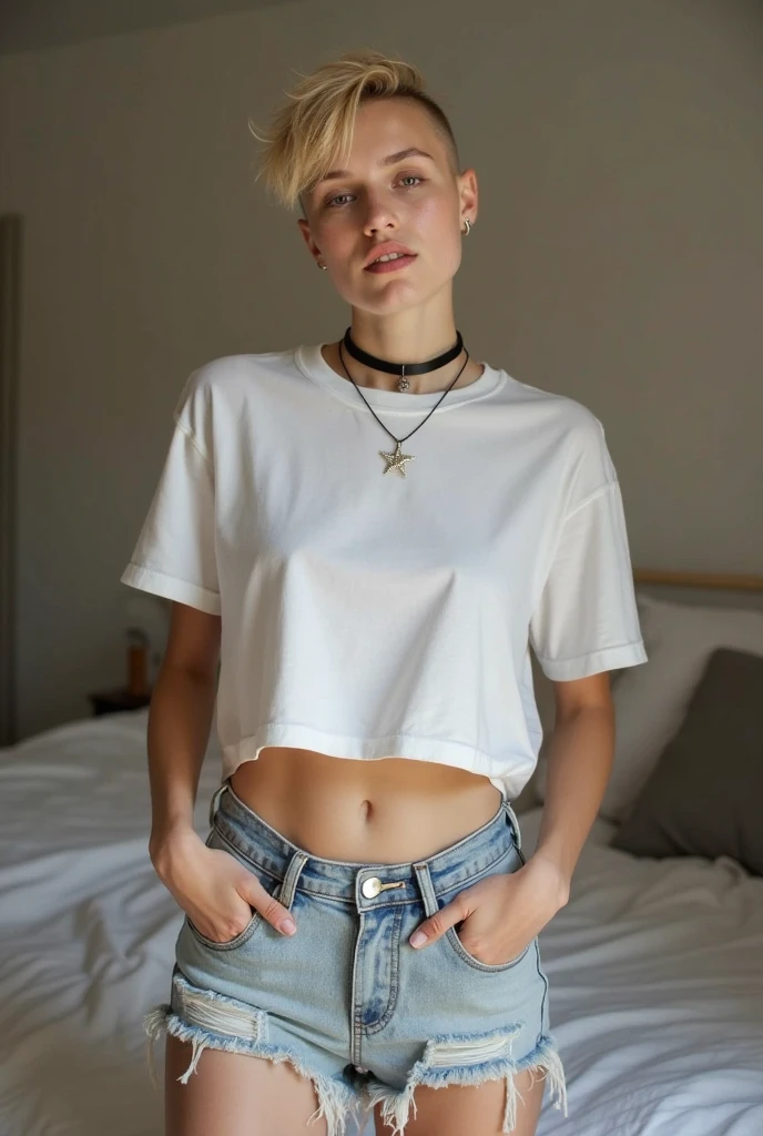 very beautiful 30 year old woman, , Front view,industrial style living room in the background clicking with your fingers , with sophisticated clothes, Jeans ,White T-shirt , blonde short hair, short modern bob, influencer,