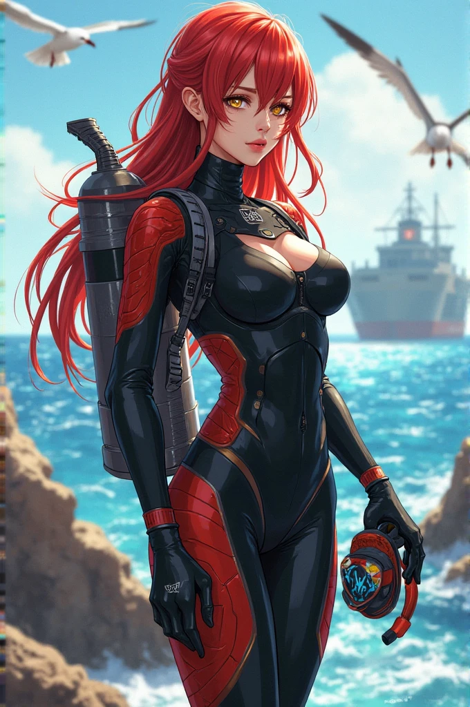 a young girl in a colorful catsuit with ornaments and accessories, science fiction, tattoo, long red curls, beautiful detailed face, a futuristic weapon in her hand, sexy pose, tight clothes, cameltoe, standing on a dry planet, spaceship in backround