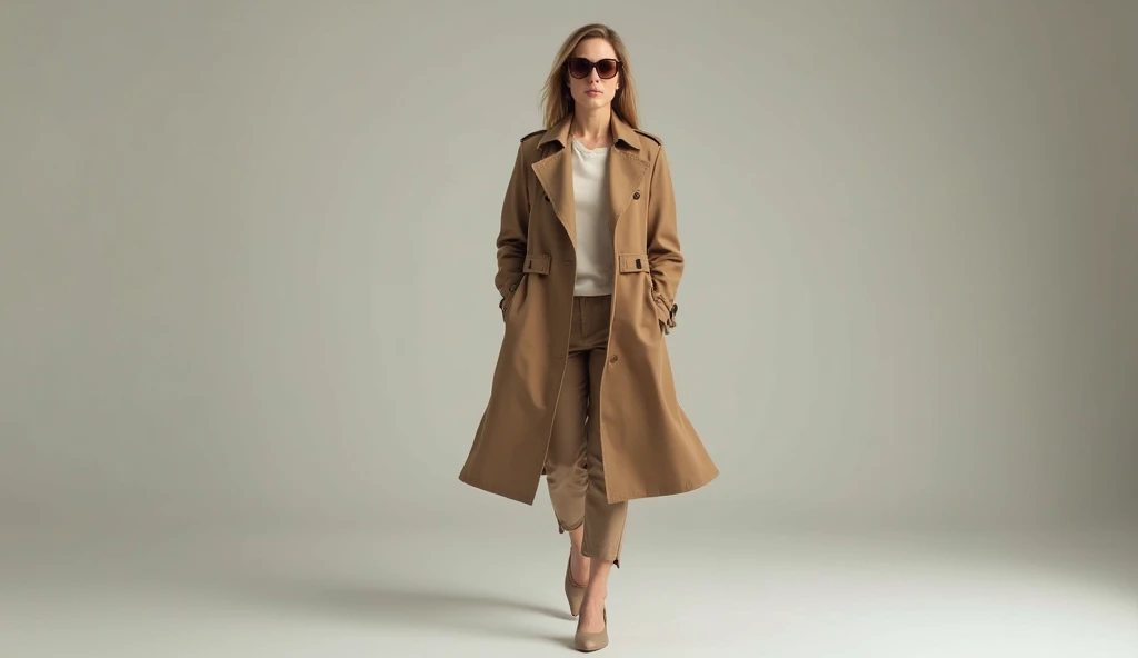 American Woman blond Long hair and Boots in beige Trenchcoat full Body View