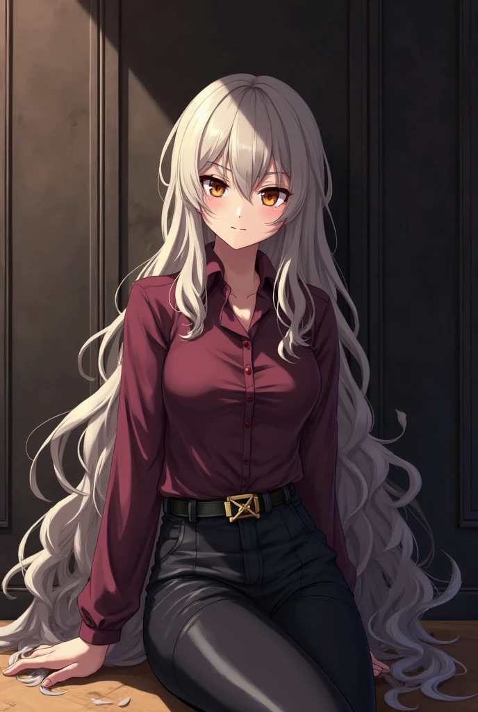 (Highest quality, High resolution, Very detailed), 1 female, Silver Hair, Long Hair, Reddish brown eyes, office staff suit skirt, lace thong, secretary, 24th generation, Beautiful woman, mature, quiet, Calm, Large Breasts, A small smile, office,