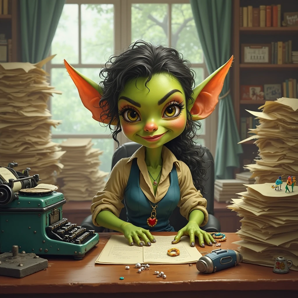 ((best quality)), ((masterpiece)), (detailed), goblin girl, (green skin), purple hair, playing video games, having fun, shortstack, glasses, dynamic pose