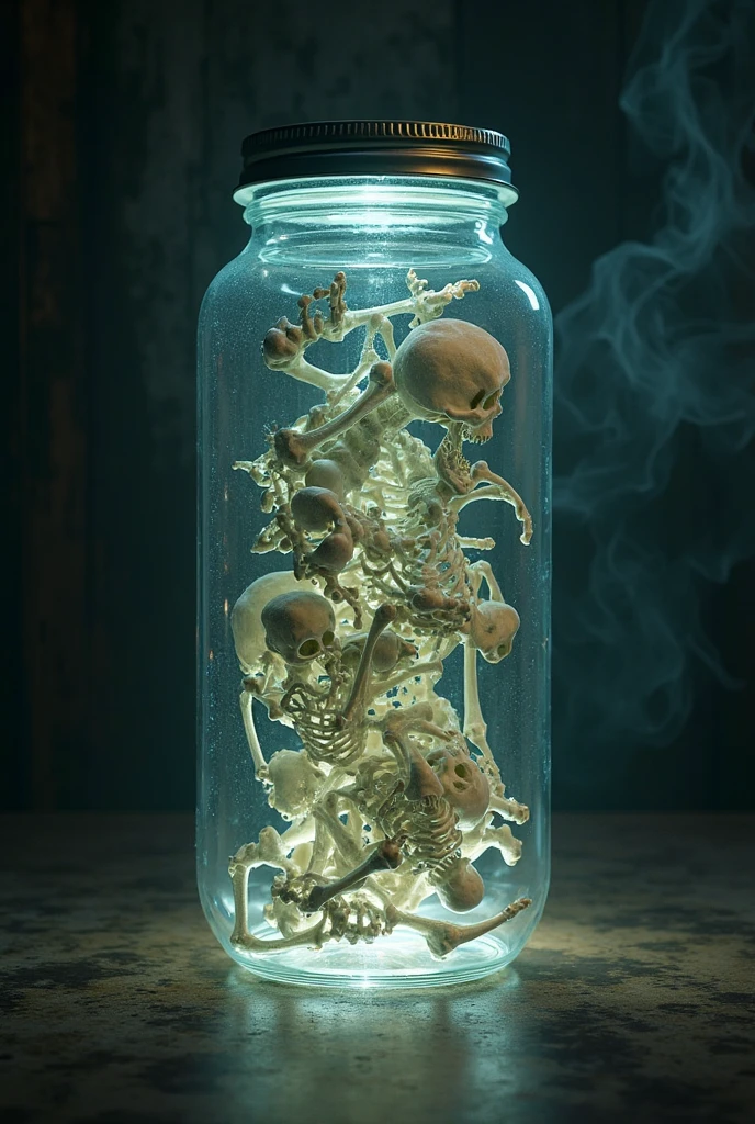 ((Best quality)), ((masterpiece)): Within an abandoned laboratory, rows of grotesque, jar-bound specimens reveal the horrifying fusion of human and alien biology, frozen in grotesque displays of monstrous evolution. <lora:Elixir:1>