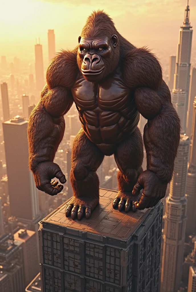 Titanic Gorilla at the Skyscraper Peak of New York:

A colossal gorilla, the likes of which have never been seen before, perched atop the tallest building in all of New York. This towering edifice, usually a symbol of human prowess, appears dwarfed beneath the gorilla's massive frame, reaching out to the clouds as if challenging the heavens themselves. In his right hand, he cradles a tiny woman, her stature so minuscule that she barely registers as a speck amidst the gorilla's massive paw.

The tranquil scene, however, is disrupted by a swarm of