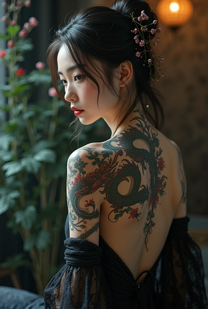 There are neat mature Japanese women with tattoos on their backs, tattoos inspired by Ukiyo-e, Utamaro Kitagawa, Nobuyoshi Araki, Riyoko Ikeda, Maya Takamura, geisha tattoos, rising dragons on the body