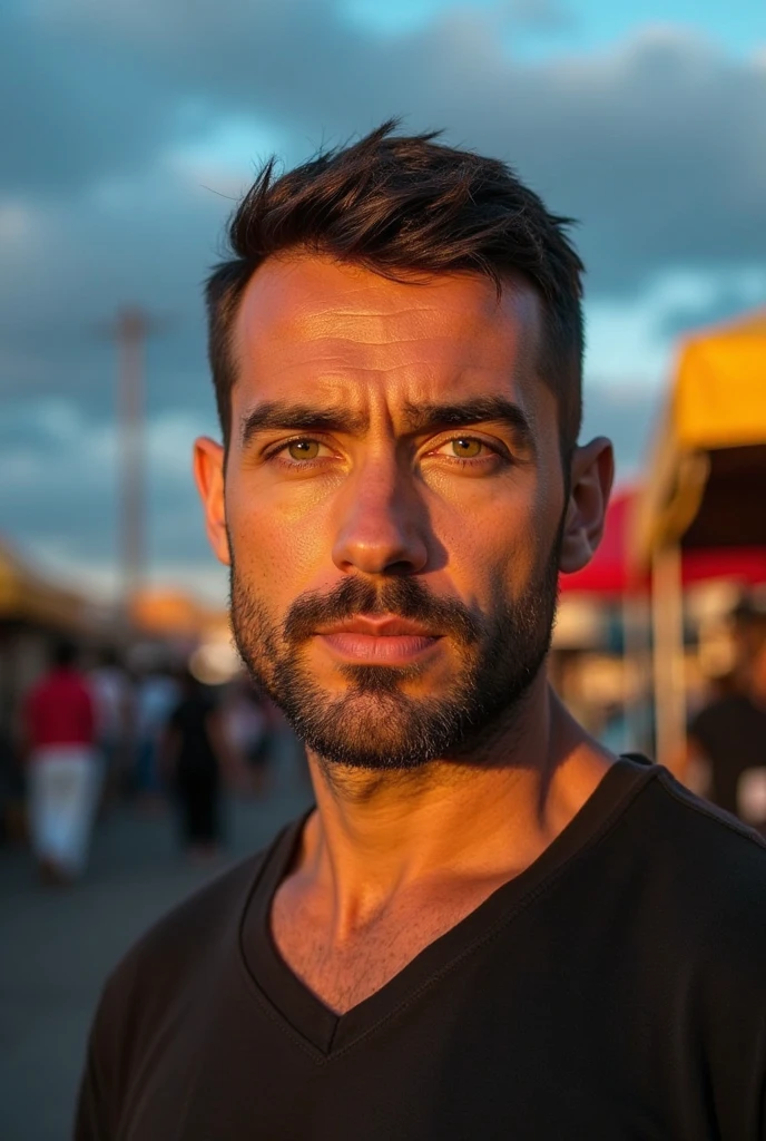 Sensual photo of a muscular man with a mustache and light brown rebellious hair, he's on the favela hill of Brazilian houses, he is naked, sensual look at the camera, homem gay sensual , hot sun sweating 