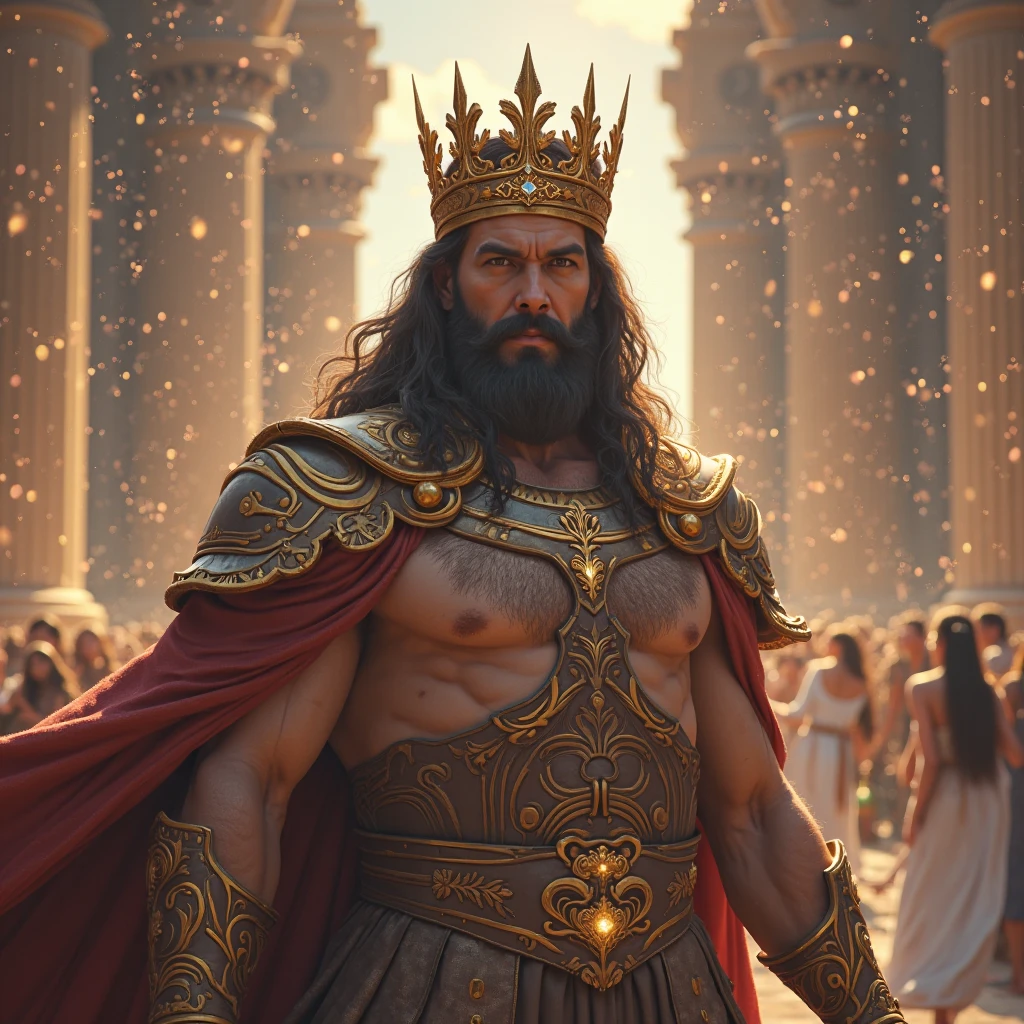Gilgamesh is an imposing man, muito alto e musculoso, Exuding strength and power. He has an athletic build, able to accomplish extraordinary feats. Your facial features are strong, com um maxilar quadrado e olhos penetrantes de cor escura, symbolizing wisdom and determination. Its nose is straight and prominent, conferindo-lhe um aspecto nobre. Gilgamesh has a thick, curly beard that reaches down to his chest., and your hair is long, ondulados e escuros, falling on the shoulders with a wild and majestic appearance.
He wears ornate royal attire typical of a Sumerian king, such as an intricately patterned wool kilt or skirt and a cape or tunic draped over the shoulders. The colors of their costumes are rich, como vermelho, dourado e azul, representando sua realeza e status. Gilgamesh usa joias significativas, como braceletes e colares, and a simple crown with lion or bull motifs.
Frequentemente retratado com uma grande espada ou machado, your weapons are imposing and detailed, simbolizando sua capacidade de guerreiro. He can also be seen with a decorated shield. In some depictions, he is accompanied by mythical figures, like lions, que ele derrotou.
The environment around Gilgamesh often includes Sumerian architectural elements, como zigurates, or natural landscapes of Mesopotamia. He is often shown in battle scenes or in positions of authority., como em um trono ou liderando homens.
In this scene he is sitting on a throne, enquanto adoradores o abanam, enquanto ele olha oara a cidade