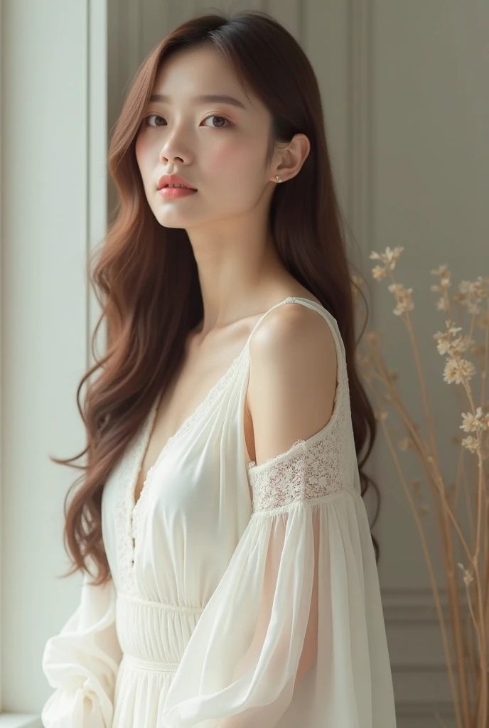 Place your hand on your chest、A beautiful woman with a calm expression