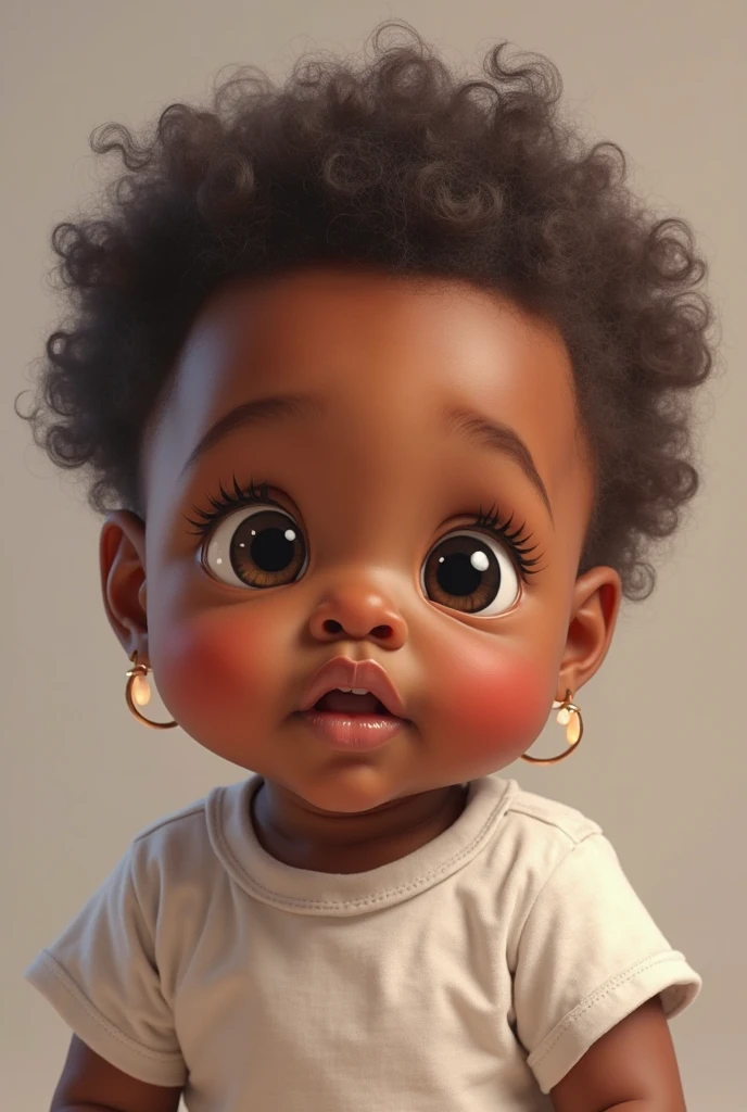 brown child , brown dark eyes, short curly dark brown hair, pierced chin, Woody's dress