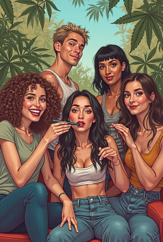 Two lesbian women ,with medium chest,a tropical garden with some marijuana plants,exuberante, wearing a tight dress in the color lgbt, with a close-up capturing the harmonious beauty and breasts among the natural flowers, showing off her natural charm Smoking the joint, holding a cell phone men gey, white t-shirt with marijuana leaf with eye and mouth and green pants Gay man wearing a dress shirt and jeans 

