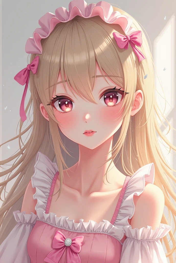 (masterpiece:1.2), super detailed, massive , big ass, juicy lips, big lips, massive lashes, long blonde hair, twin tails, hair down, pink bow, pink clothes, from above, selfie, upward glance, glance up