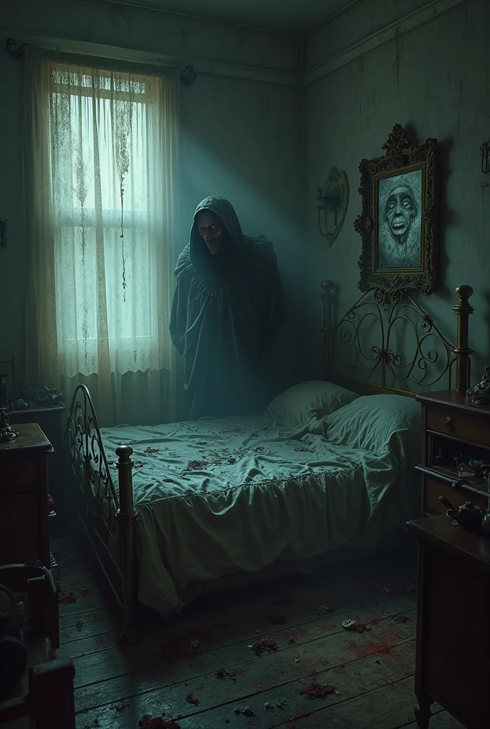 Bedroom, missing legs, bloody clothes, attacking, horror