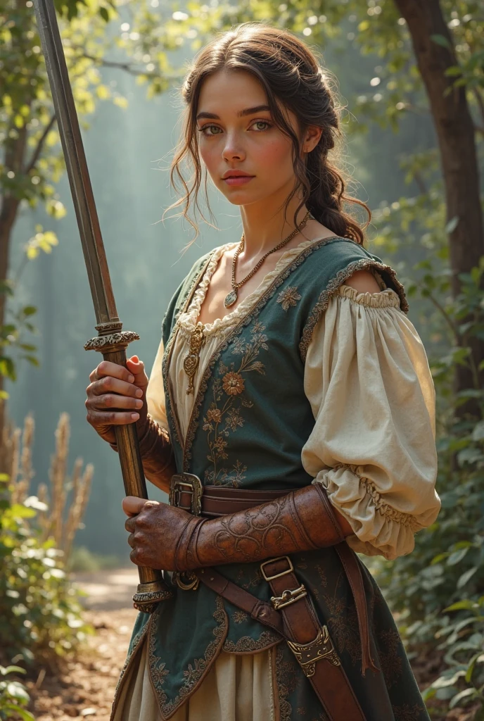 premier quality、Belle femme italienne、plein corps Esbienne、femme chevalier、Bikini-Armure、Fantaisie、holds a sword、vue magnifique、cheveux moyens、