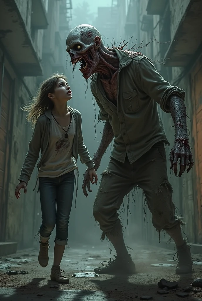 1 girl and 1 zombie (small fragile white girl) (Hot 18 year old girl) (Girl running away) the girl is scared and crawling (zombie standing with muscular body, angry) ((full body)) (Male zombie and white girl) (Detailed face) (Detailed face of the girl on her knees) (scared white girl) (wide angle) (human hot girl chased by zombie)