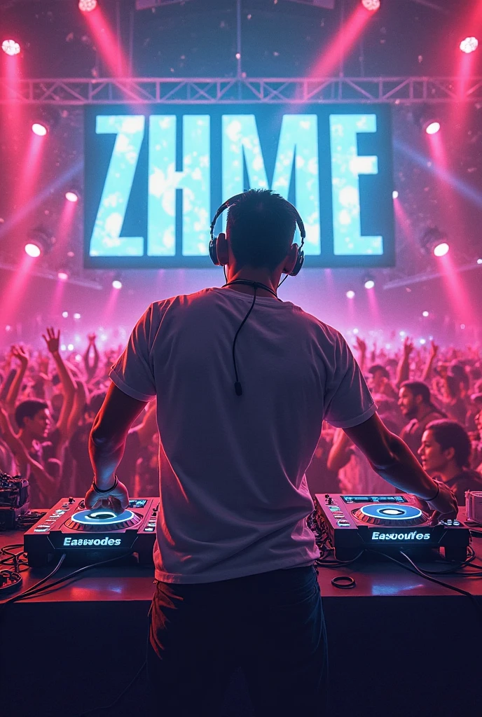 Very large hyperrealistic photography, where you see a DJ watching the party from his console with his headphones on , The DJ is wearing a black jacket that on the back literally says "DJ EQUILIBRIUM" and beautiful and well-dressed people at the techno party, (It has a neon sign that says "WELCOME TO ZHERPAFEST"), Some have their drinks in their hands, They are dancing
