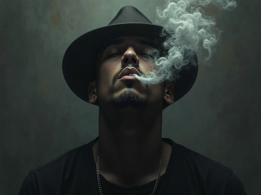 Shadow of a cholo man smoking a cigarette on top of a gray cloud