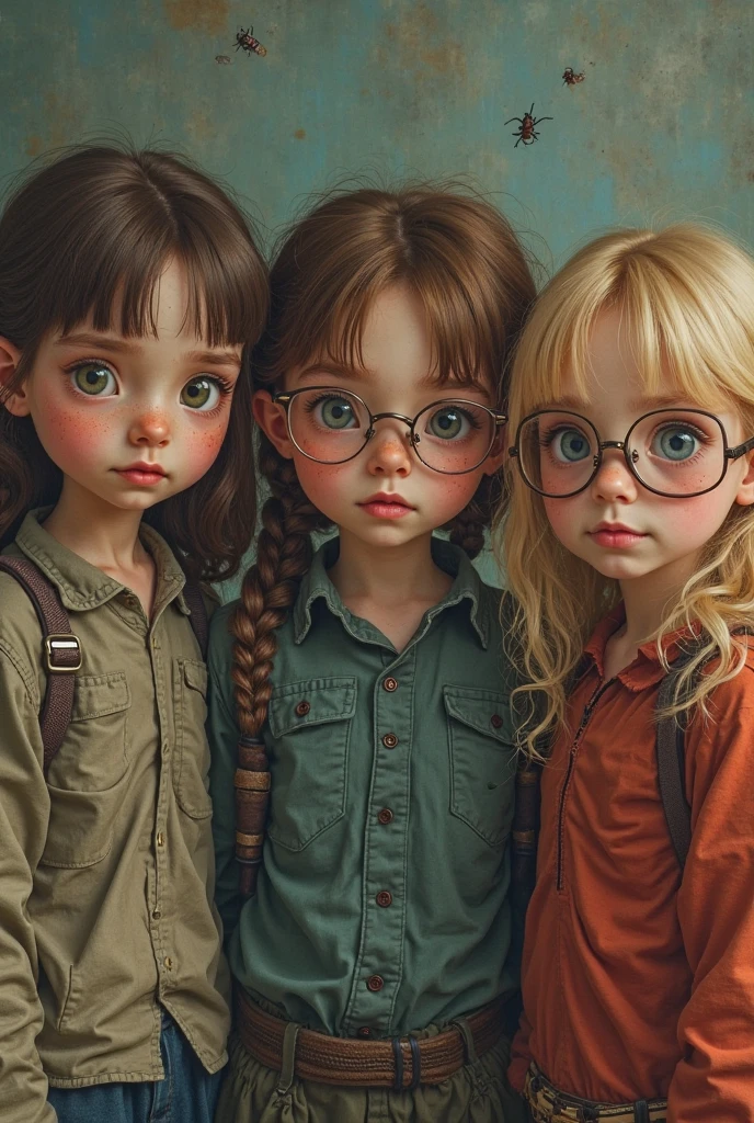 GIRLS Russian children with 10 years, loiro cabelos compridos, PORTRAIT, OCULOS ESCUROS, JAQUETA COURO  PRETA E ROUPA PRETA, FUNDO AMARELO.