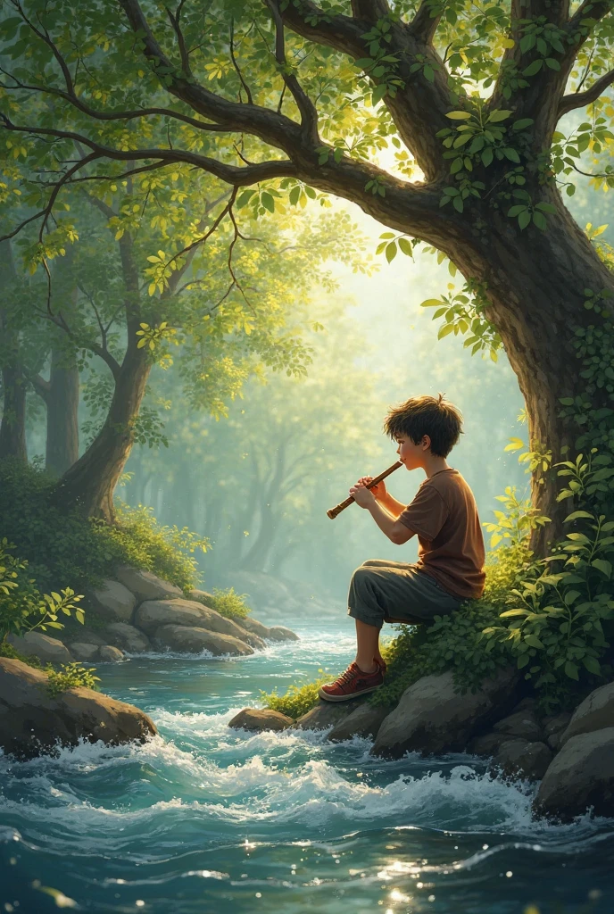 A young boy playing flute under a tree at the bank of river 