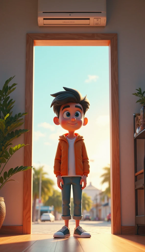 a adult boy stand near to house door and looking something which are out side of rahul house,rahul wearing yellow T-shirt and blue jeans and black shoe,,in the style of a Pixar or animated film, with detailed textures and lighting, vibrant colors, and a whimsical, lighthearted tone