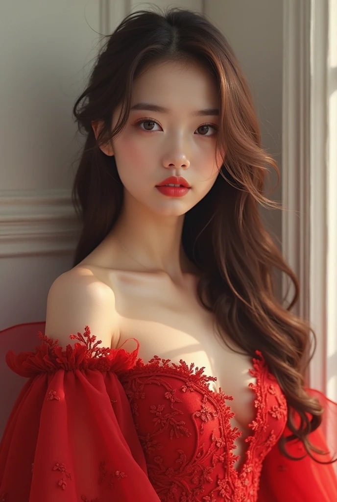 Create a Korean woman with long brown hair in a bright red dress