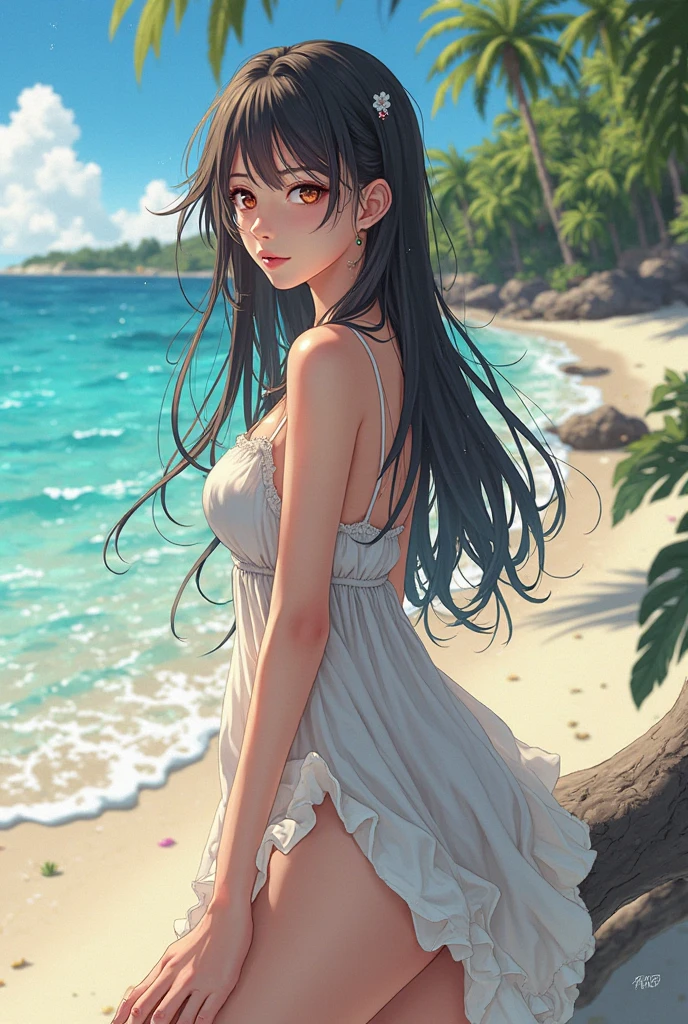 superflat, flat colors, 1girl, 19yo, slim, (small breast), long hair, topless, nipple, a toples woman kneeling on the beach next to the ocean, pixiv contest winner, sunset beach, young and slender, full color illustration, watercolor