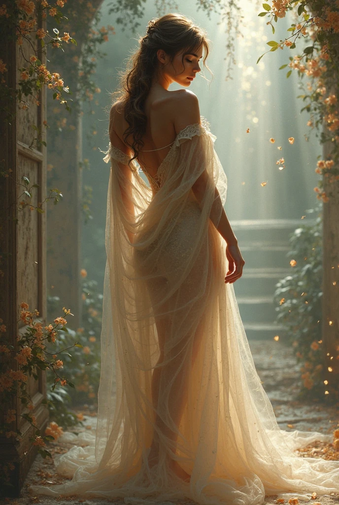 lush green vegetation with (intricate:1.1) (colored:1.1) (flowers:1.1) .God rays (volumetric:1.1) light. lit (candels:1.1) (young:1.3) (beautiful:1.1) (woman:1.1) with (medium:1.3) breasts and a (realistic:1.1) body and (skin:1.1) (wide:1.2) hips. large (messy:1.7) hair, she is half (naked:1.1) (wearing:1.1) (white:1.2) (see through:1.1) lace flowing dress. The light is coming from one soft box (directly:1.1) from above her (realistic:1.2) and complex with (beautiful:1.2) (highlights:1.2) and (shadows:1.2). She is standing on the floor in an (open:1.3) room.