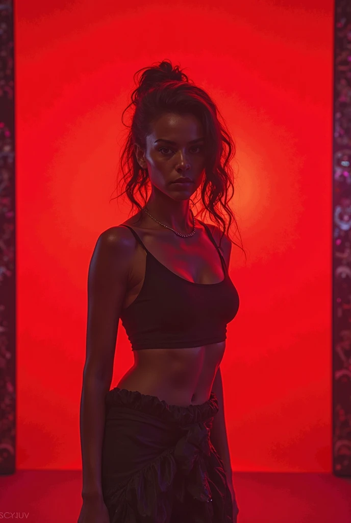 In a quiet gym environment, a brazilian woman doing yoga, wearing a revealing bikini, with a close-up focused on the shape of her breasts and her concentration on the yoga poses, with red and blue lights on each side