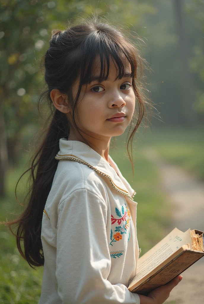 White Indian 12 year old girl in school dress, realistic photo, large breasts , hands tied up to a tree with ropes, hands above head, summer forest, detailed hands and face and eyes, looking away, full body, shot from above, 16k UHD