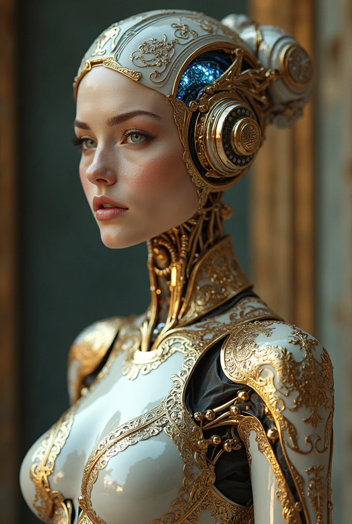 film still, close-up, upright robot woman, half human half machine, has a toxic character, suffers from narcissistic personality disorder, from among an ancient Greek gallery of paintings and marble, religious symbolism, quantum wavetracing, high fashion editorial, glsl shaders, semiconductor and electronic computer hardware, amazing quality, wallpaper, analogue film grain, perfect facial skin