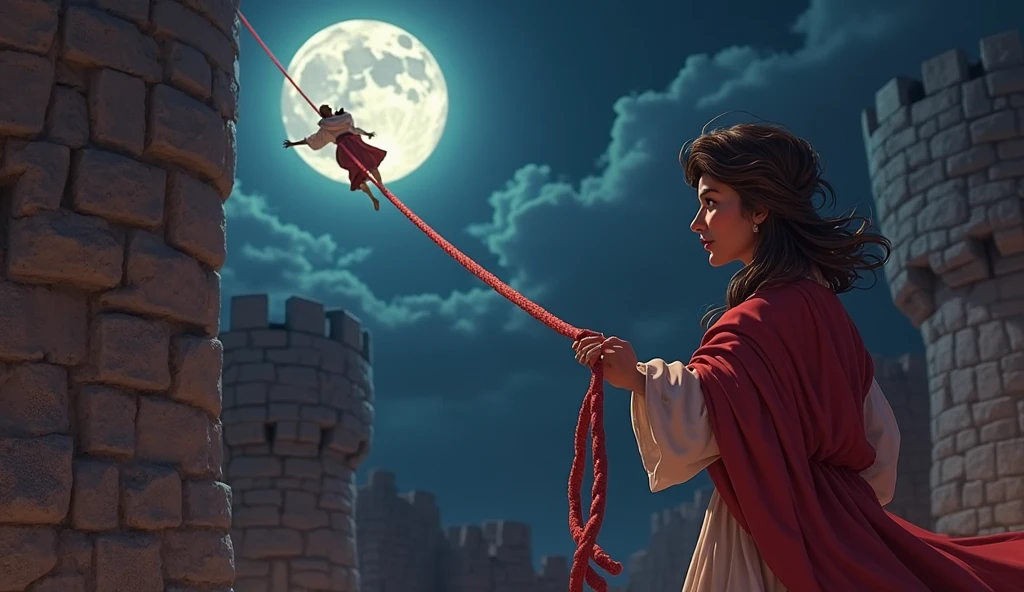 Graphics novel illustration, best quality, high resolution, 8k aesthetic, mesmerizing celestial moonlight, Over the walls of a large castle. A beautiful young woman in an (Armored Dress), hogtied&gagged, ((laying on stomach)), feet bound, feet up, ankles bound, lift skirt, wearing iron heels, hands together elbows apart, feet linked to shoulders, (otm gag:1.5). Large walls in the background, bound with jute rope. The cloudy sky breaking to reveal the blue moon. Rain is pouring across the landscape as heavy wind blows the banners at the crenellations. lightning strikes in the background directly hyper realistic. Epic scene like a dream. The world is majestic and darkess is about to prevail. Beautiful masterpiece of art.. beautiful contrast of the light along the walls which has an incredible reflection. Laying on walls. dress made of iron on the female. high aspect ratio. beautiful composition. detailed textures. beautiful detailed moon.