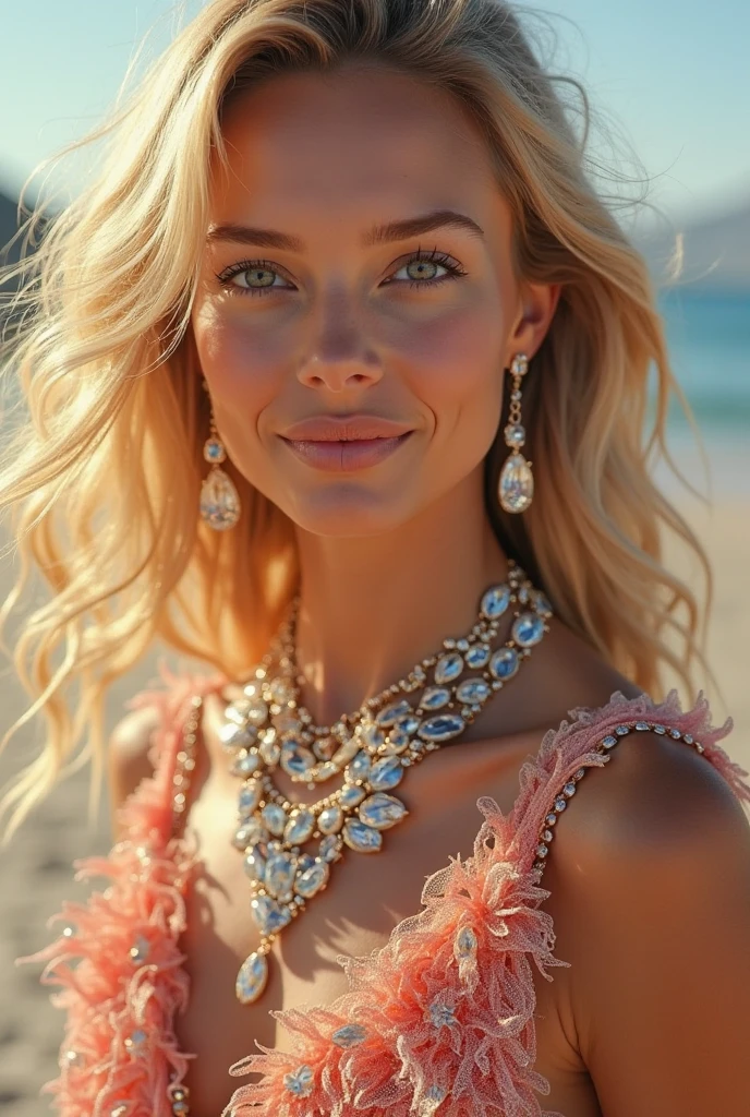 photoreallistic, Photograph of a beautiful girl, wearing a colorful low-cut dress, (((very heavy bust))), wavy hair, Assis sur des rochers, next to the beach, Look into the camera, eyes symmetrical, symmetrical face, photoreallistic, photographie, Path layout, specular lighting, Volumetric facial light, Hair path, Ombres visibles, complexe, elaborate, hdr, Realstic, Ultra realistic nature,