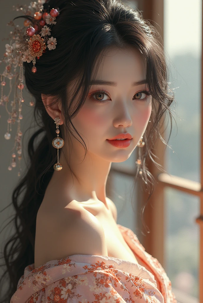 best quality, masterpiece, highres, 1girl, hanfu, lingerie china, hair ornament, necklace, jewelry, Beautiful face, upon_body, tyndall effect, photorealistic, dark studio, rim lighting, two tone lighting, (high detailed skin:1.2), 8k uhd, dslr, soft lighting, high quality, volumetric lighting, candid, Photograph, high resolution, 4k, 8k, Bokeh, (light pink lips), 1 beautiful devil woman from hell, In the Dark: 1.6), surreal female portrait by David Hockney and Alphonse Mucha, fantasy art, photorealism, dynamic lighting, artstation, volumetric lighting, very detailed faces, 8k ultra, Awarded, in the dark, deep shadow, low key, cowboy lens, (Red phoenix dress: 1.4), long hair, black hair, no facial hair, bust, luxurious palace, Royal style, devil crown, red eyes make up very sharp and detailed, The most beautiful face, The breasts are very big and round and round, Super realistic, chinese women's clothing, polo neck sweater, Charming smile, The eyes are very well made up, guweiz, devil style, wearing black mesh socks, Ponytail with a bow tied at the back of the hair, Red black lips, Devil tattoo on shoulder, wearing a thin red and black, robe, the landscape is overcast and thunderous, (Portrait), Close-up of the main character, (Background details 1.8),