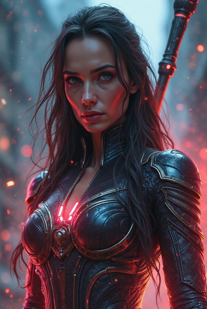 (waist shot), masterpiece, best quality, official art, extremely detailed CG unity 8k wallpaper,absurdres,8k resolution, exquisite facial features, prefect face, Cinematic Lighting, dynamic lighting, volumetric lighting maximalist photo illustration: by Marton bobzert, 8k resolution concept art intricately detailed, complex, elegant, majestic, ecstasy, fantastical, aspect ratio:16:9, shining suit, Fantasy detailers, a woman (Gal Gadot, Beautiful face, young, Supermodel) in Epic suit, neon light armor, straight long hair, standing holding a spear, Fantasy detailers, looking_at_viewer, front view, sexy woman, big breasts,