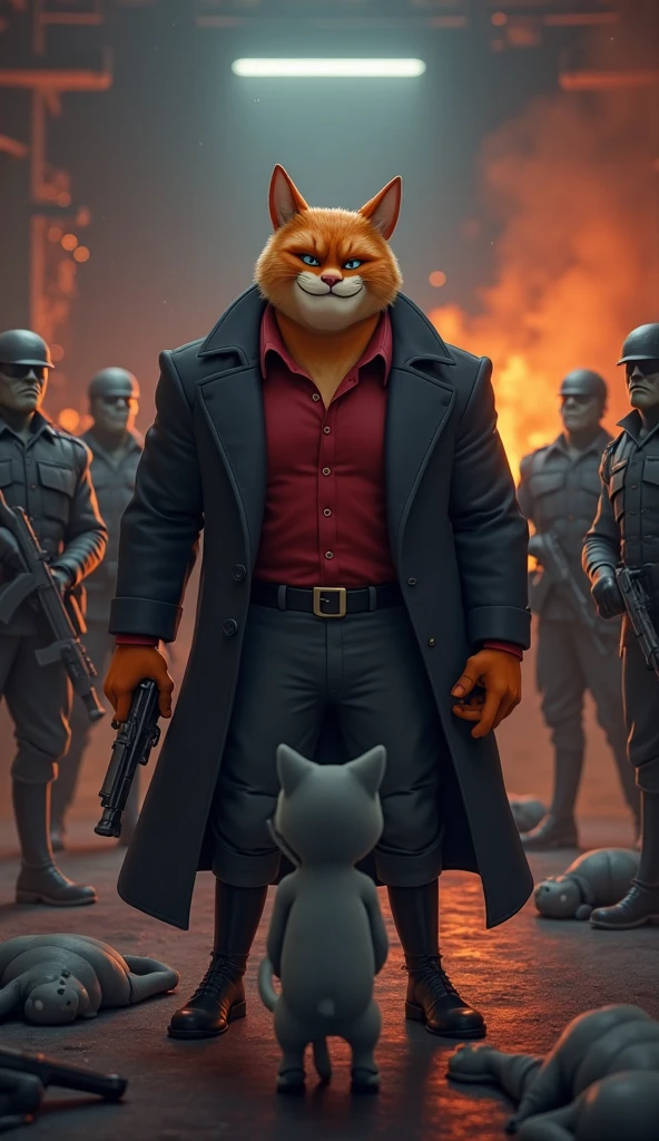 Puss is a orange cat he's wearing a black cavalier hat with a yellow feather, a black leather belt with a sword, a small black cape, and small black Corinthian boots anthro cat, male, adult, orange fur, buffed body, sexy, beefy body, furred body, beautiful, furry chest hair, realistic, full body, photorealistic, ultra realistic, 8k, night, bare-chested, 