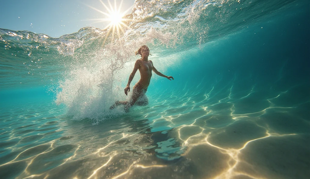 A well-proportioned, wet, tanned naturist joyfully playing among the sea waves at the shore under the glow of sunset light. The scene captures the girl silhouette against the vibrant sunset sky, reflecting dynamic colors on the water's surface with a sense of freedom and energy.