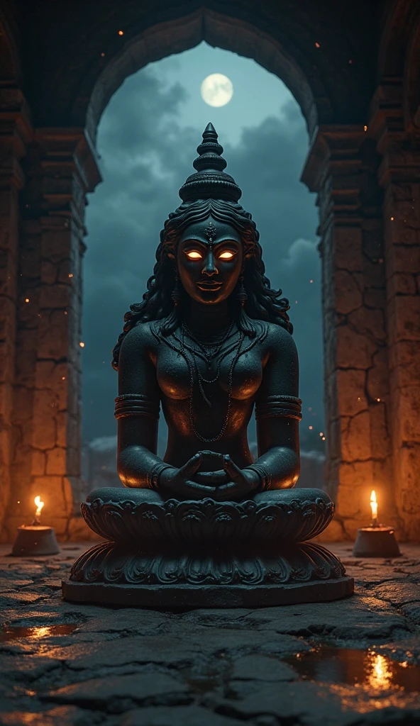 Wide view of an ancient statue of a six-armed woman meditating, holding a white flame in her hand, inside a black ancient Thai temple. digital art dark fantasy style.