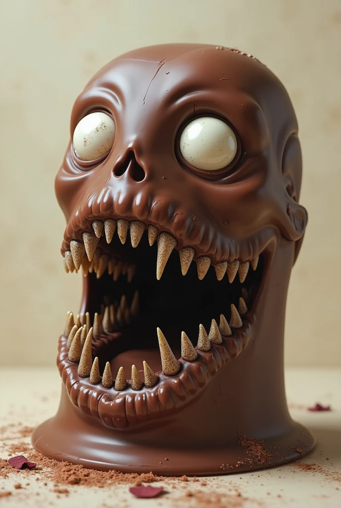 angry chocolate, teeth, sharp fangs, dark chocolate creature, demonic, evil, sinister, horror, dark fantasy, detailed, 8k, high quality, photorealistic, dramatic lighting, chiaroscuro, moody colors, deep shadows, cinematic composition