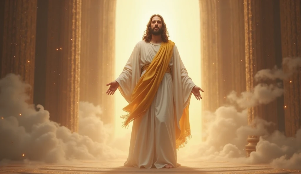 Jesus with arms half open with yellow lights behind him from heaven
