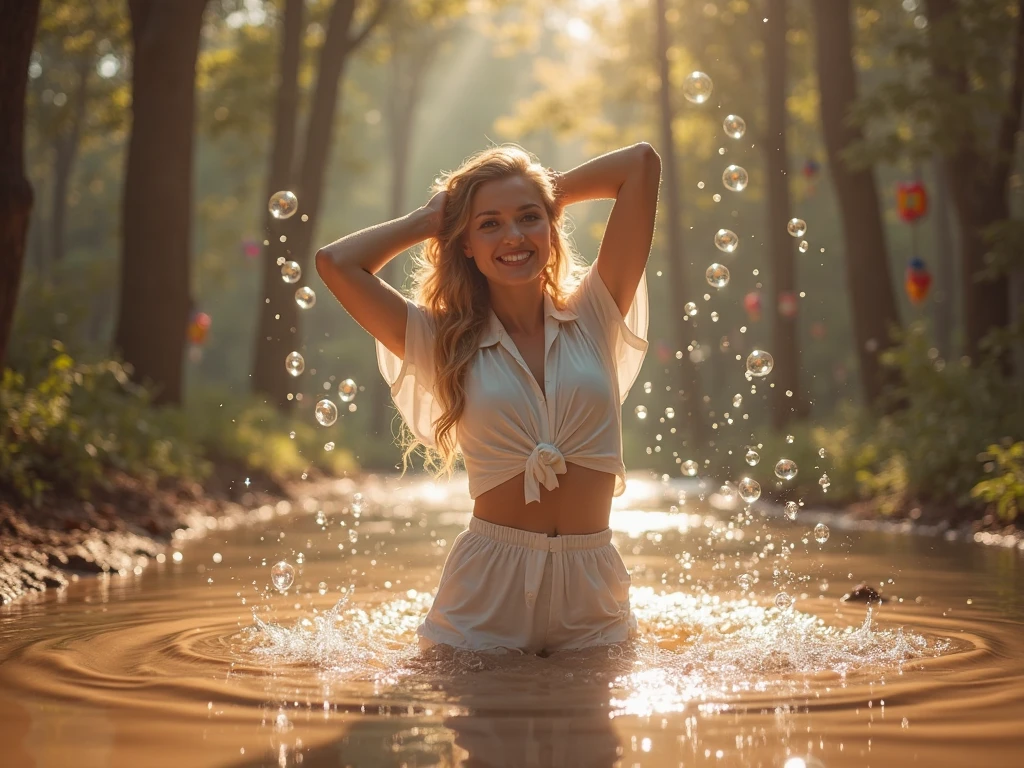 Woman thrown in the pool in her clothes, at a party, full length white tshirt, push up bra underneath, jewelry, ((soaked)), ((drenched)), ((dripping wet)), ((cute)), insanely beautiful, blonde bombshell, plunging neckline crop top, visible nipples, medium breasts, water at waist level, oily clothes, droplets, evening, photorealistic, bokeh, narrow focus, outdoors, night sky, cityscape, posing for photo, looking at viewer, ((vertically aligned)), laughing