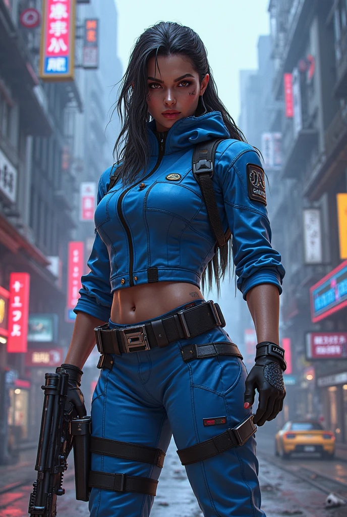 sci-fi city riot with humanoid aliens, beautiful Asian cyberpunk girl wearing a revealing police riot uniform holding a baton, nude, topless, thong, jacket, handcuffs, pistol in holster, police riot helmet